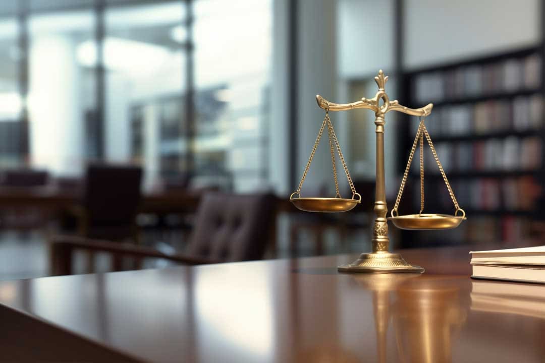 Balança da justiça sobre a mesa de um escritório de advocacia