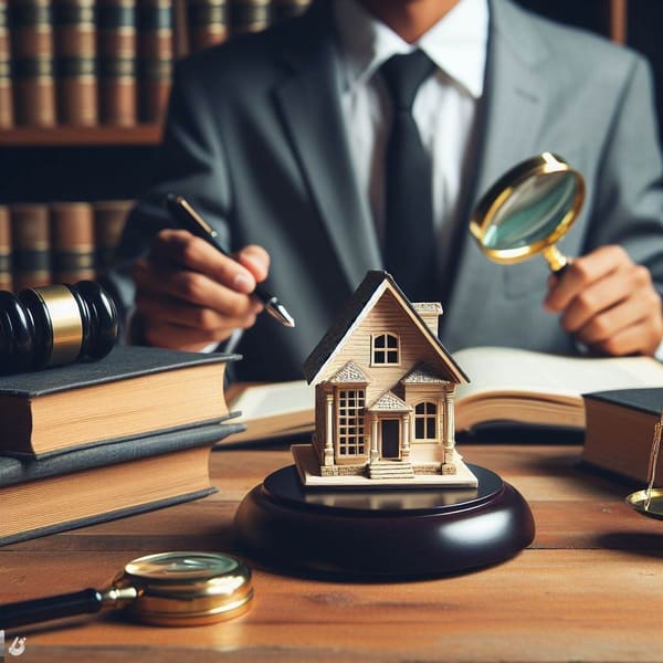 Advogado analisando documentos com uma pequena casa e um martelo de juiz sobre a mesa